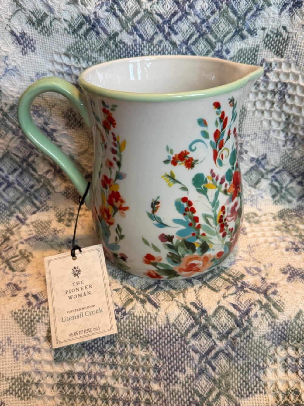 Pioneer Woman Utensil Holder Crock Pitcher Painted Meadow Floral Stoneware Green